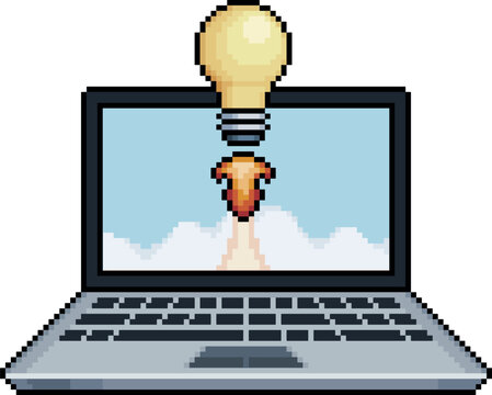 Pixel art laptop with light bulb taking off from the screen in 8 bit style on white background