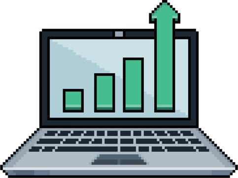Pixel art of laptop with green bar graph in 8-bit style on white background