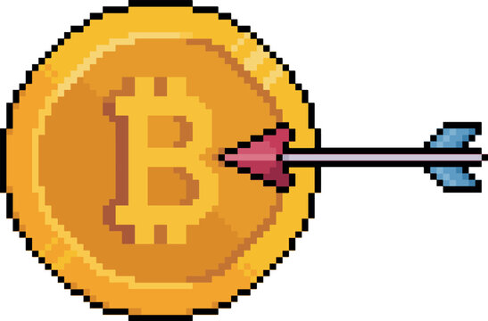 Pixel art bitcoin coin with an arrow in 8-bit style on white background