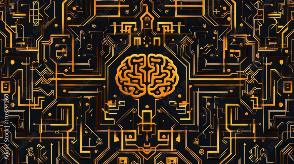 Poster intricate circuit board design featuring a stylized brain in the center, symbolizing the intersectio