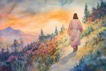 Fototapeta premium Jesus walking along a mountain path at dawn, his robe flowing with the morning breeze. The watercolor uses soft oranges, pinks, and deep greens to represent a new day filled with divine grace.