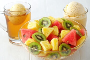 A refreshing fruit salad with watermelon, pineapple, and kiwi, accompanied by ice cream and tea.