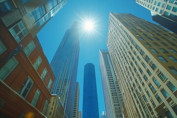 Obraz premium Bright Daytime New York Low-Angle Shot of Highrises and Commuters