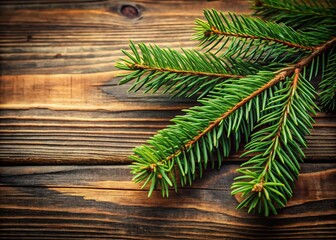 Serene Copy Space Image of a Fir Tree Branch Resting on a Wooden Table, Perfect for Nature-Themed Designs and Seasonal Decor Ideas