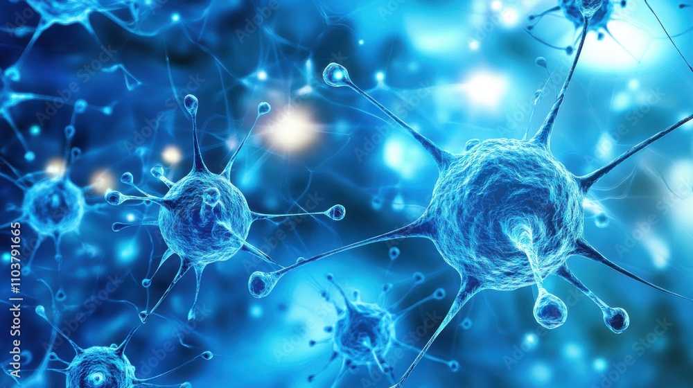 Poster intricate blue microorganisms in a digital universe illustration representing cellular activity and 