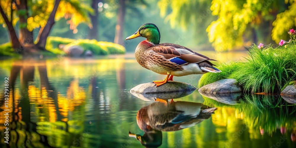Poster serene double exposure of a duck resting on a stone by a calm pond, blending nature with tranquil re