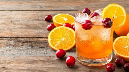 cranberry paloma concept. A refreshing cocktail with ice, garnished with cranberries and surrounded by fresh orange slices on a wooden table.