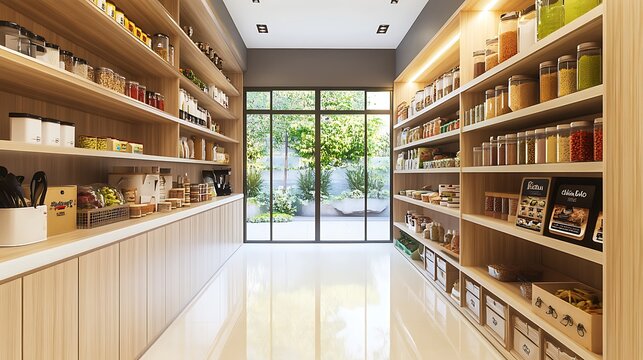 Organized pantry with various food items neatly arranged on shelves.  Bright and airy space with natural light.