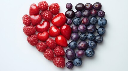 Heart-shaped arrangement of raspberries, cherries, plums, and blueberries.