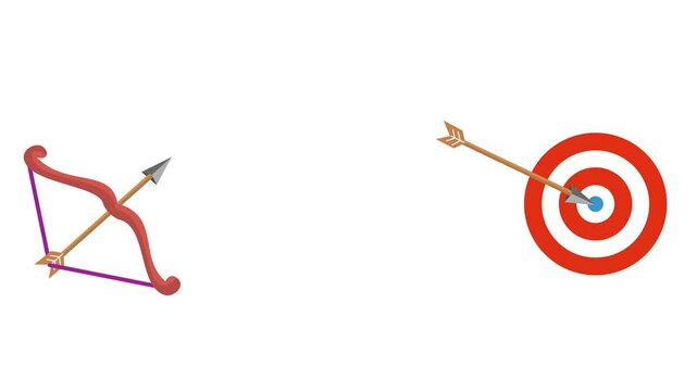 A bow and arrow aiming at a target in a cartoon animation. Focus and precision. Alpha channel.