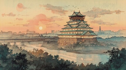 Fototapeta premium traditional japanese woodblock print of Osaka Castle