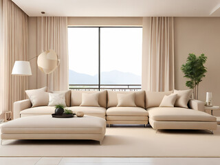 This image showcases a modern, minimalist living room with a clean and elegant design. The layout features a large, beige sectional sofa adorned with matching beige cushions