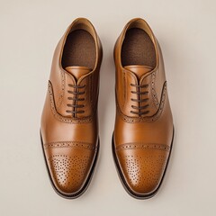 Fashionable brown leather oxford brogue shoes with decorative perforations are standing on a light beige surface, showcasing timeless elegance and craftsmanship
