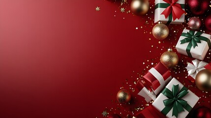  Elegant vertical Christmas scene featuring beautifully wrapped gifts and colorful ornaments on a vibrant red background creating a festive holiday atmosphere 