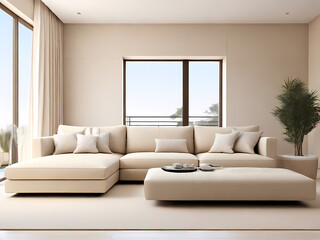 This image showcases a modern, minimalist living room with a clean and elegant design. The layout features a large, beige sectional sofa adorned with matching beige cushions