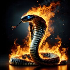 A digital artwork depicts a king cobra engulfed in flames, its blue eyes glowing intensely against a dark backdrop.