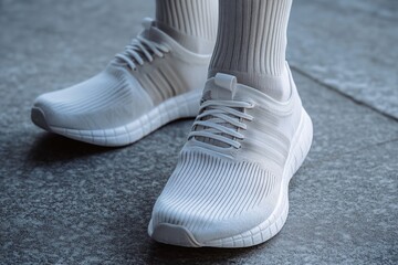 Contemporary urban style: white sneakers on textured concrete floor in close-up, showcasing modern footwear design - Powered by Adobe