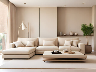 This image showcases a modern, minimalist living room with a clean and elegant design. The layout features a large, beige sectional sofa adorned with matching beige cushions