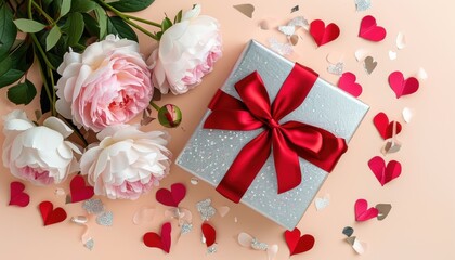 Romantic gift arrangement with pink roses and gift box with copy space