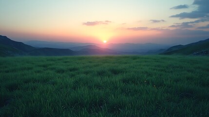 Serene sunset over rolling hills and a vast green field.