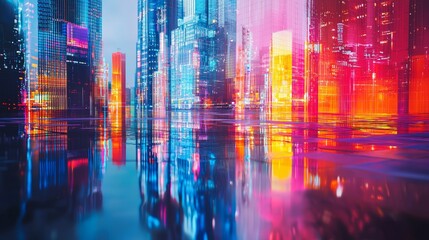 Fototapeta premium Futuristic city skyline, glassy structures, vibrant reflections on water, surreal and clean aesthetics 