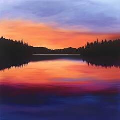 Fototapeta premium Serene Lakeside Sunset with Vibrant Sky Reflections and Silhouetted Trees