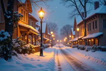 Winter evening in a charming snow-covered village with copy space