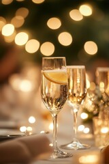 Champagne flutes, lemon garnish, festive lights.