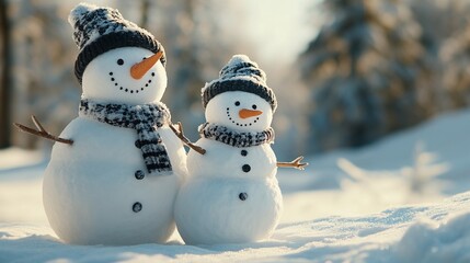 Obraz premium A cheerful family of snowmen in winter black colour outfits on a snowy day