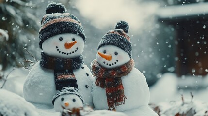 Fototapeta premium A cheerful family of snowmen in winter black colour outfits on a snowy day