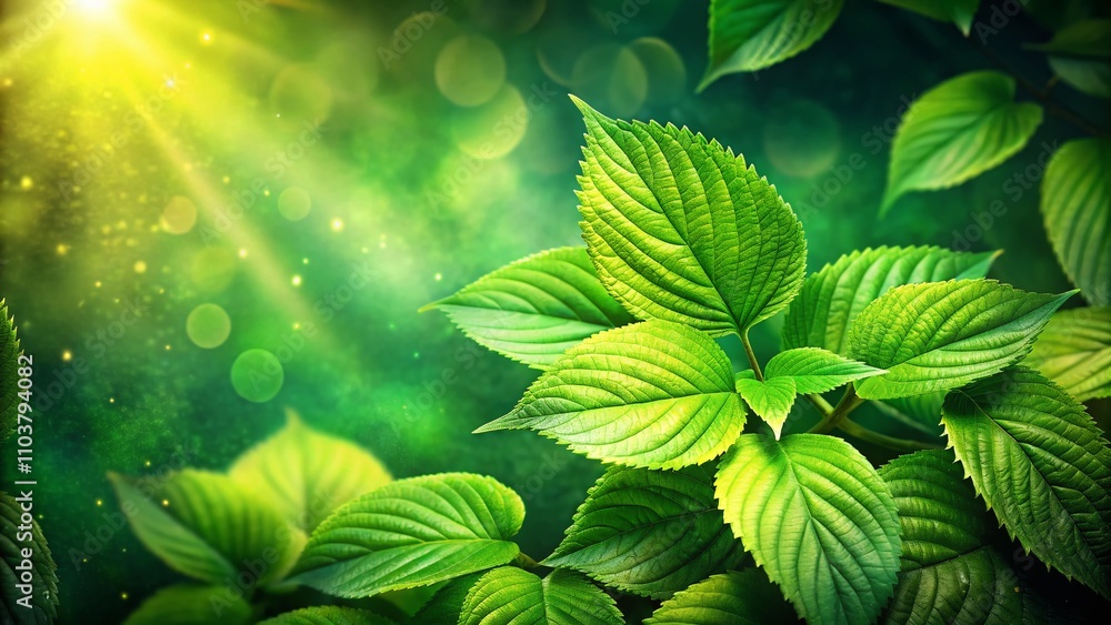 Poster serene green leaves poster design with diffuse style and reserved text space for hazy beauty and rou