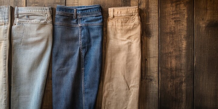 Pants displayed against a rustic wooden background create a visually appealing contrast. The texture of the old wood enhances the pants, making them stand out beautifully.