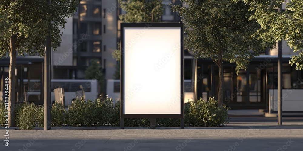Poster vertical light box mock up in a blank white design displayed at a bus stop, offering a clear front v