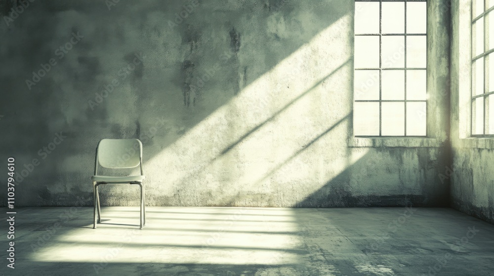 Poster minimalist empty room with single chair illuminated by natural light filtering through windows creat