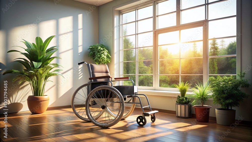 Poster serene interior with empty wheelchair by the window capturing the essence of solitude and reflection