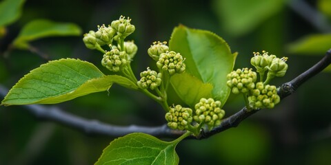 Fototapeta premium Top view of branches and flower buds of the black elder showcasing the natural beauty of the black elder plant. Examine the intricate details of the black elder s branches and buds.