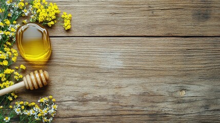 Honey, flowers, wooden background.