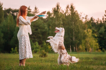 a beautiful red-haired girl in light clothes and sneakers plays a Frisbee disc with her Australian...