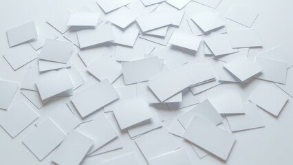 Close-up of individual card blanks scattered on a white surface, organized chaos, blank cards, , messy workspace
