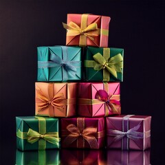 boxes of colorful christmas presents stacked on top of one another