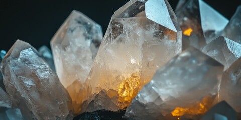 Obraz premium Macro shot of healing crystal stones featuring white rough quartz crystals against a black background. Discover the allure of healing crystals and their natural beauty in your decor.