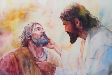 Jesus healing a leper, with soft light glowing around him as he reaches out to touch the man. The watercolor uses soft pinks, yellows, and cool blues to create a moment of divine compassion.
