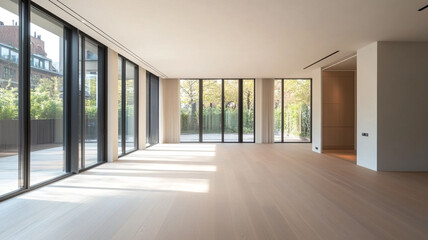 Obraz premium Empty room with a light wood floor and large windows