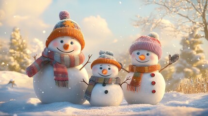 Obraz premium A cheerful family of snowmen in winter outfits on a snowy day