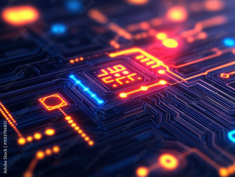 Poster abstract close-up of a colorful circuit board with glowing patterns, ideal for technology and innova