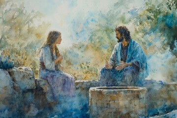 Jesus at the well with the Samaritan woman, speaking compassionately. The watercolor uses soft blues and earthy tones, highlighting the moment of revelation and divine grace.