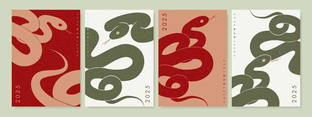 Poster, cover, flyer, web banner, greeting card design template set with abstract flat snake. 2025 Chinese New Year symbol. Trendy minimal style. Vector illustration