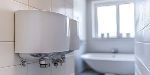 Fototapeta premium Modern bathroom interior with electric water heating boiler. Alternative individual heater in a cottage