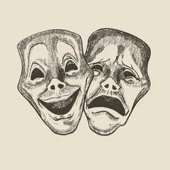 Two theatrical masks, sad and happy, illustration in the style of medieval engraving