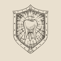 Shield with tooth, tooth protection, strong teeth, medieval engraving style illustration